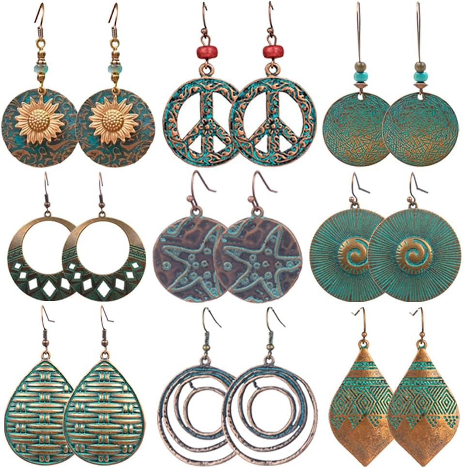 9/12 Pairs Boho Vintage Earrings for Women, Western Cowgirl Concho Oval Turquoise Dangle Earrings, Geometric Round Wooden Leather Ethnic Sunflower