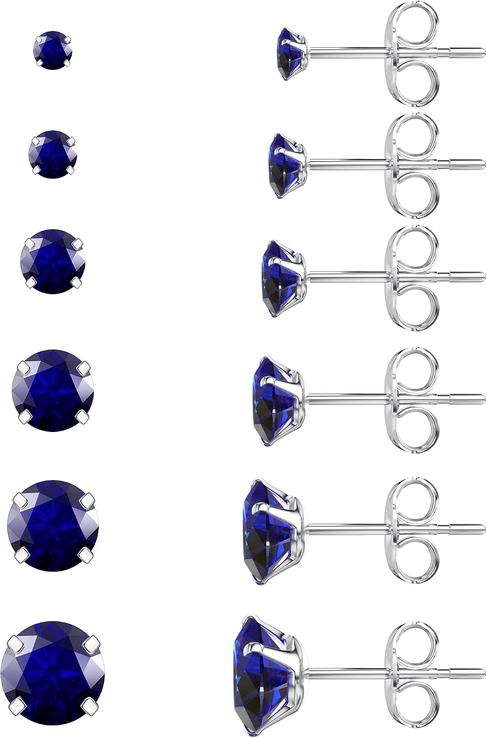 6 Pairs Stud Earrings Set, Hypoallergenic Cubic Zirconia 316L Earrings Stainless Steel CZ Earrings 3-8mm (Steel color)