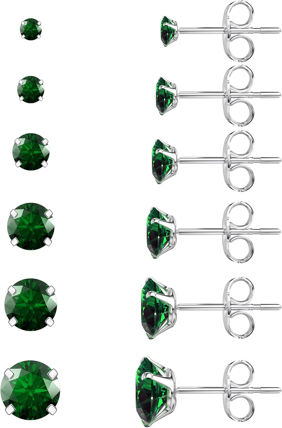 6 Pairs Stud Earrings Set, Hypoallergenic Cubic Zirconia 316L Earrings Stainless Steel CZ Earrings 3-8mm (Steel color)