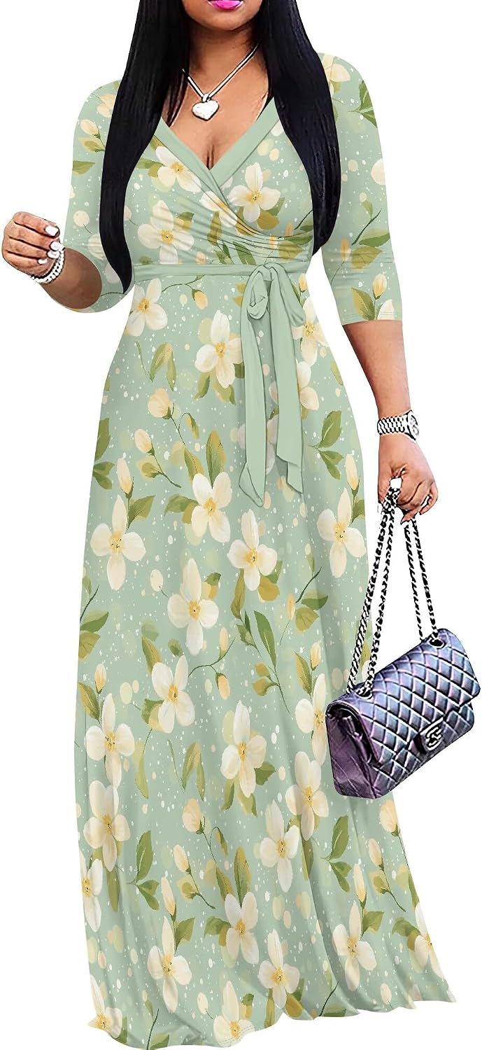 PinkPatty Women's Plus Size V Neck 3/4 Sleeve Boho Maxi Dress with Pockets