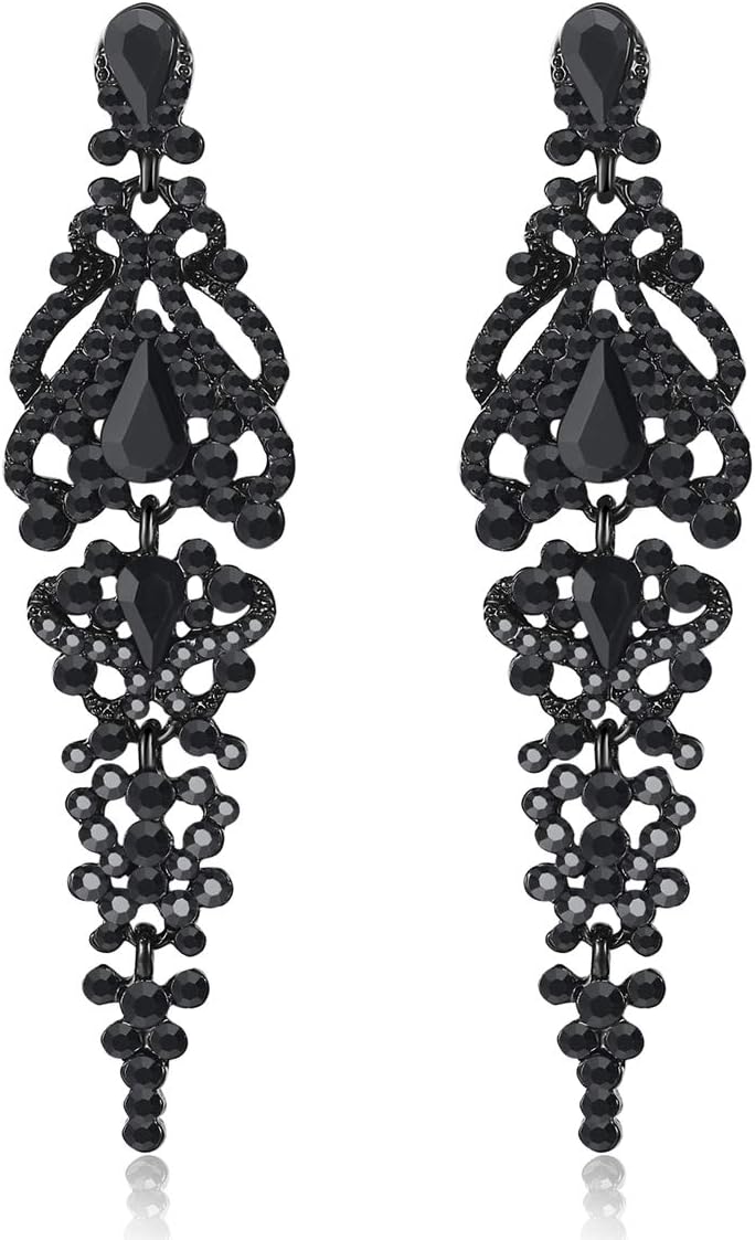 Vintage Floral Teardrop Butterfly Wing Black Austrian Crystal Drop Dangle Earrings for Women Bride Gift
