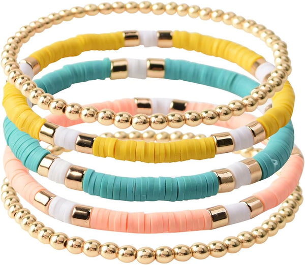 Surfer Heishi Clay Bead Bracelets for Women Bohemian Stackable Gold Plated Beaded Stretch Bracelets Elastic Layering Friendship Bracelets Set Boho Jewelry