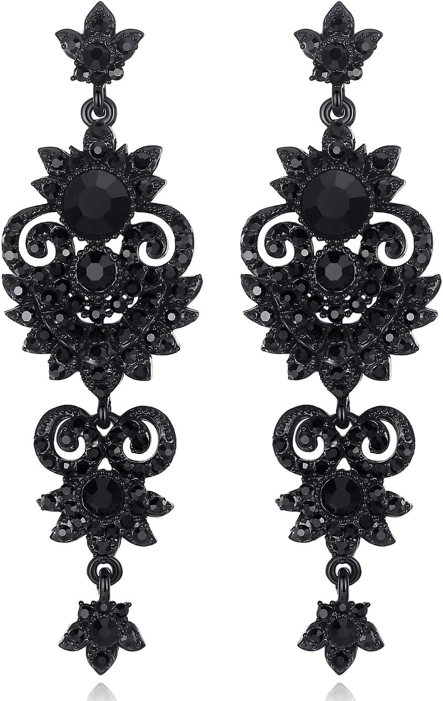 Vintage Floral Teardrop Butterfly Wing Black Austrian Crystal Drop Dangle Earrings for Women Bride Gift