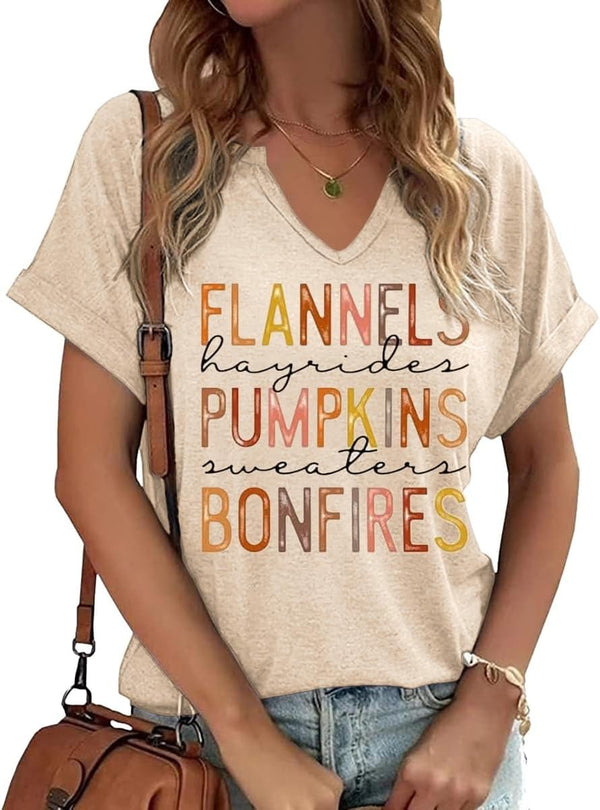 Earlymemb Women Fall Halloween Doodles V Neck Shirt Thanksgiving Casual Tee