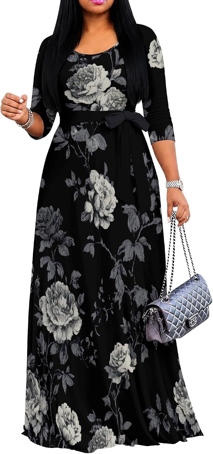 PinkPatty Women's Plus Size V Neck 3/4 Sleeve Boho Maxi Dress with Pockets