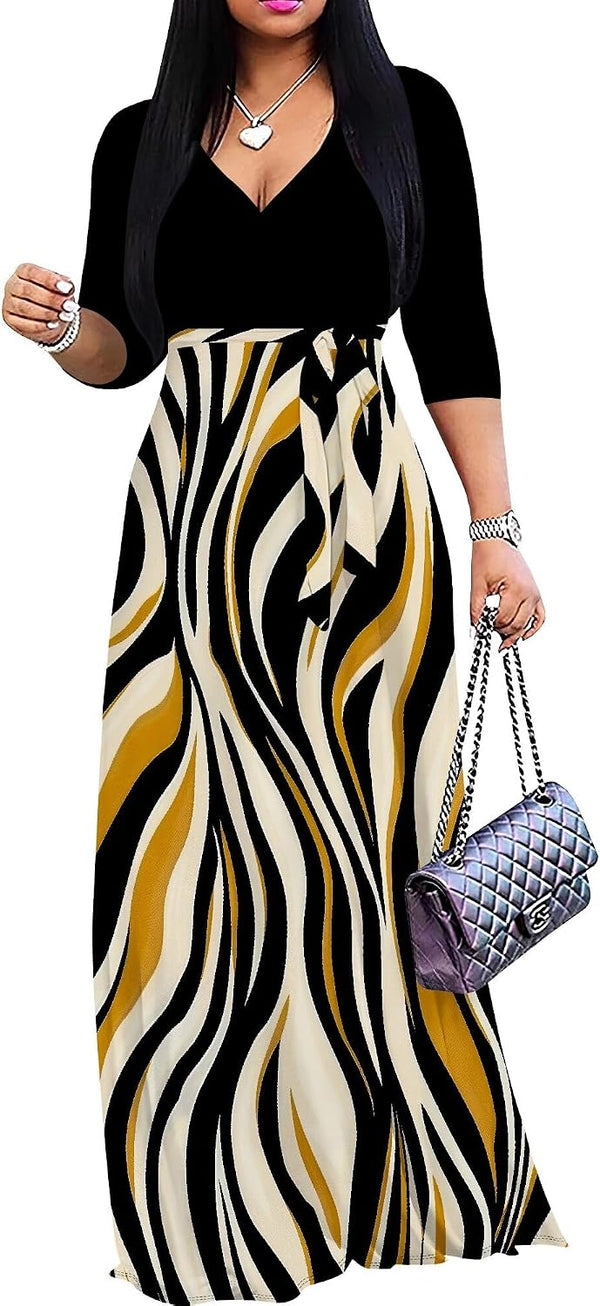 PinkPatty Women's Plus Size V Neck 3/4 Sleeve Boho Maxi Dress with Pockets