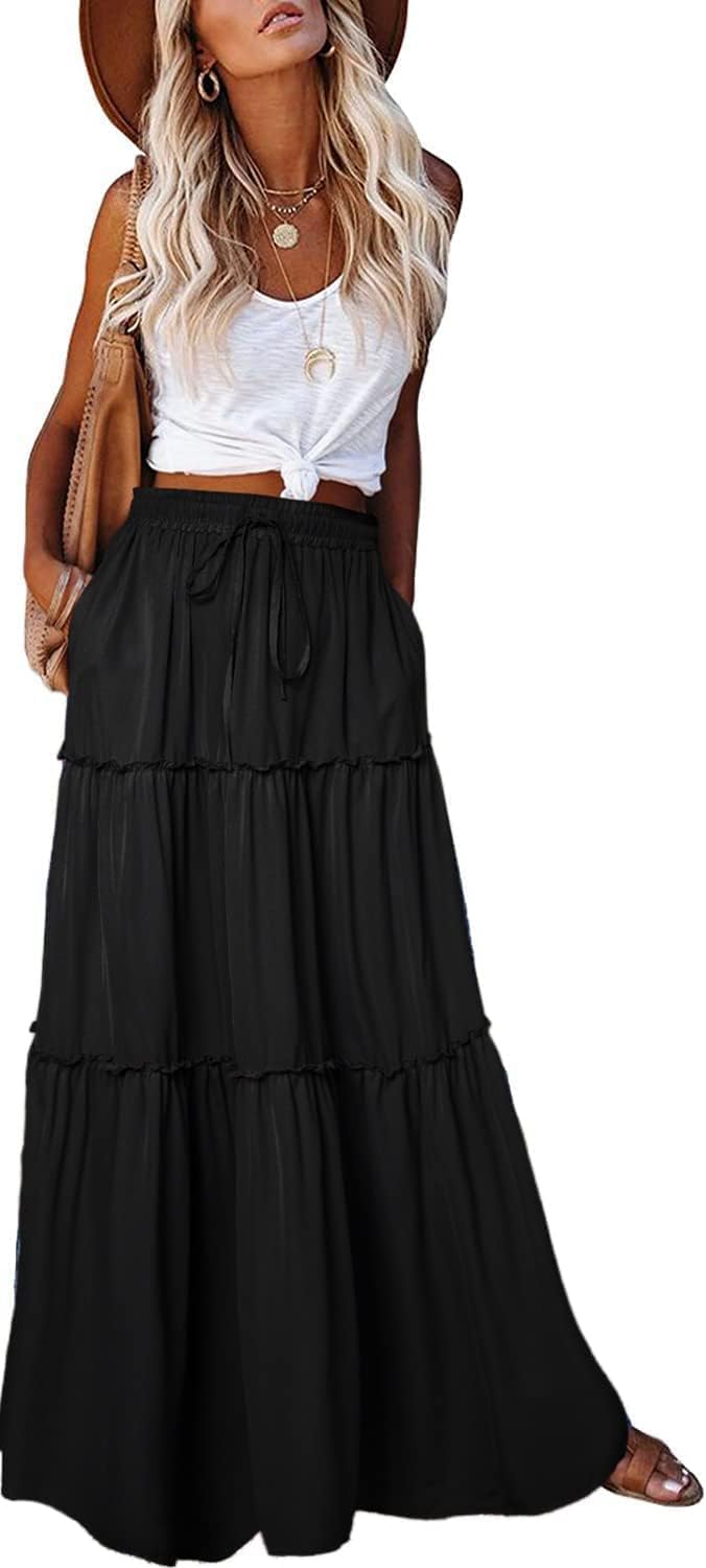 EARKOHA Womens Boho Maxi Skirt 2026 Summer Cruise Casual High Waist Tie Flowy Long Skirt with Pockets For Beach Vacation