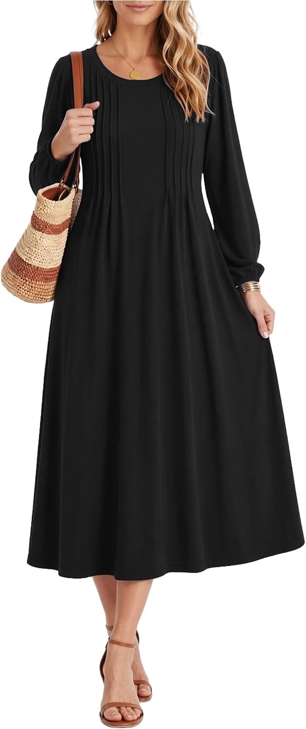 Zeagoo Fall Dresses for Women Long Sleeve Midi Dress Casual A Line Dresses 2026 Pleated Flare Dress with Pockets