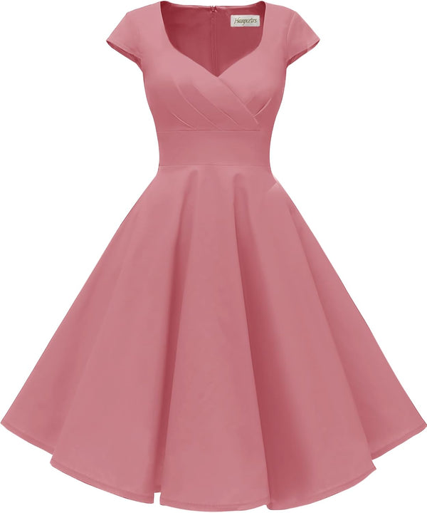 Women's Cap Sleeve 1950s Retro Vintage Cocktail Swing Dresses with Pocket