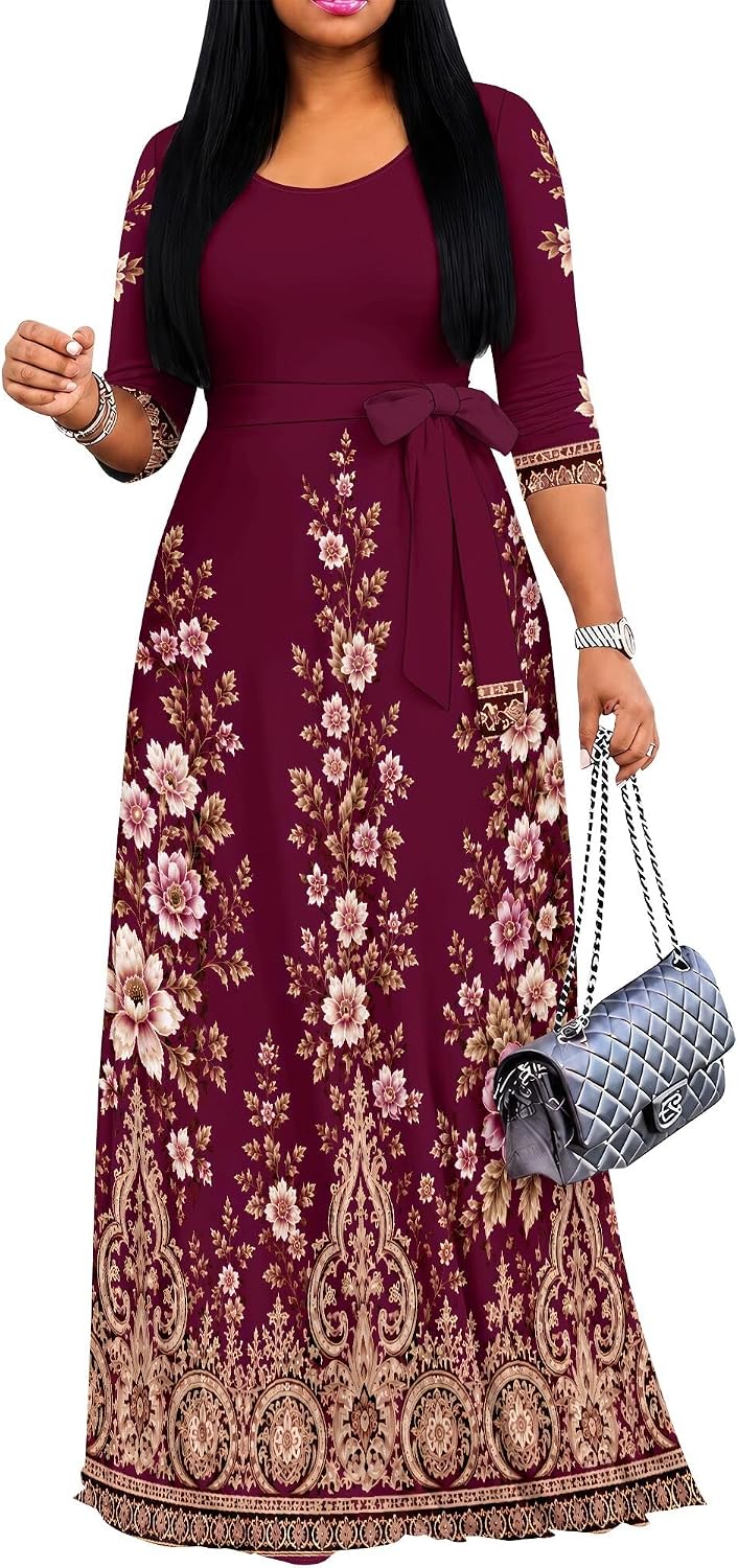 PinkPatty Women's Plus Size V Neck 3/4 Sleeve Boho Maxi Dress with Pockets