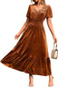 Simplee Womens Fall Velvet Dress Short Sleeve V Neck Floral Maxi Dress Long Formal Winter Wedding Guest Dresses