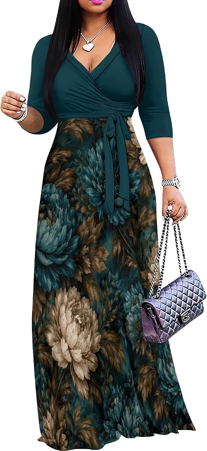 PinkPatty Women's Plus Size V Neck 3/4 Sleeve Boho Maxi Dress with Pockets