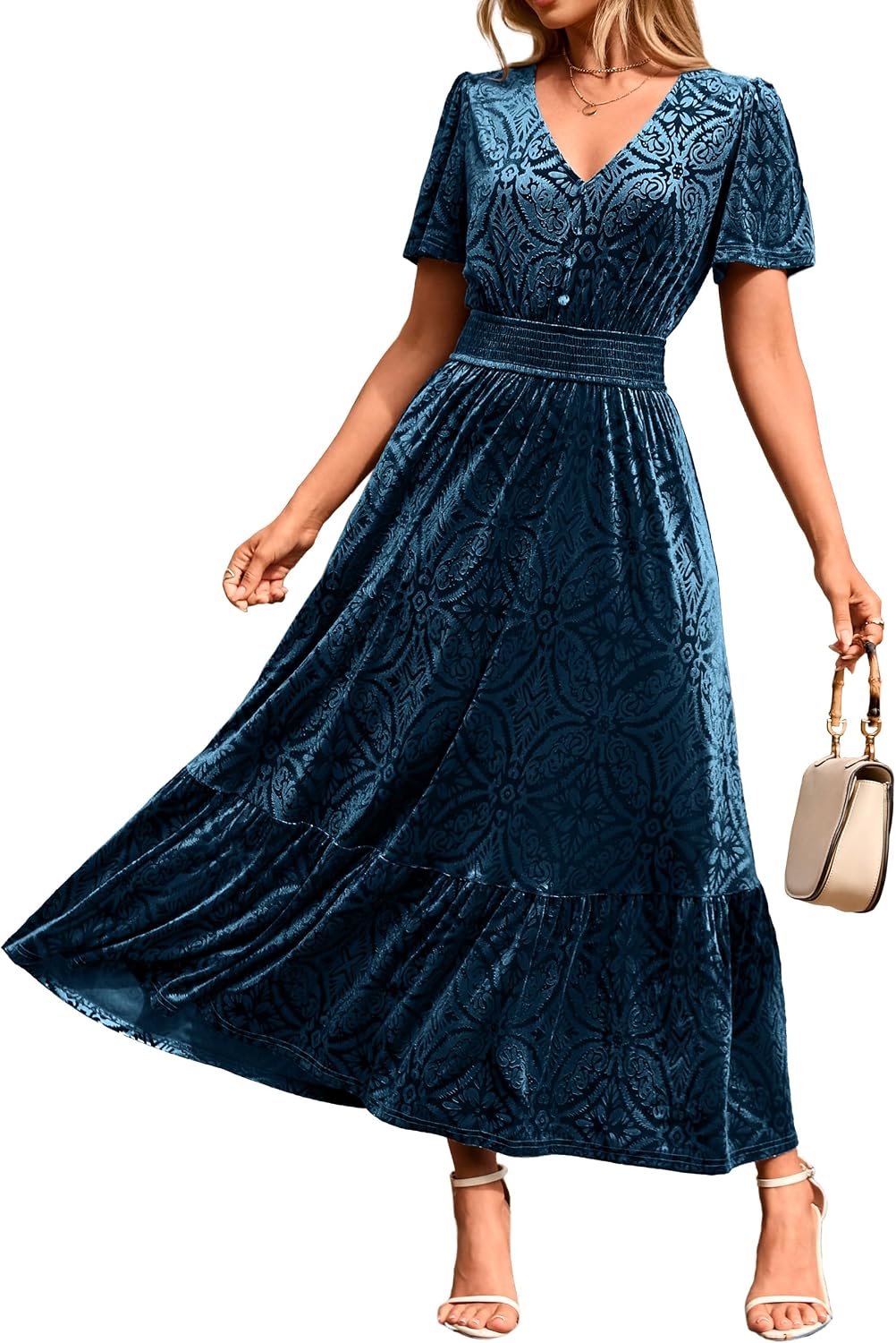 Simplee Womens Fall Velvet Dress Short Sleeve V Neck Floral Maxi Dress Long Formal Winter Wedding Guest Dresses