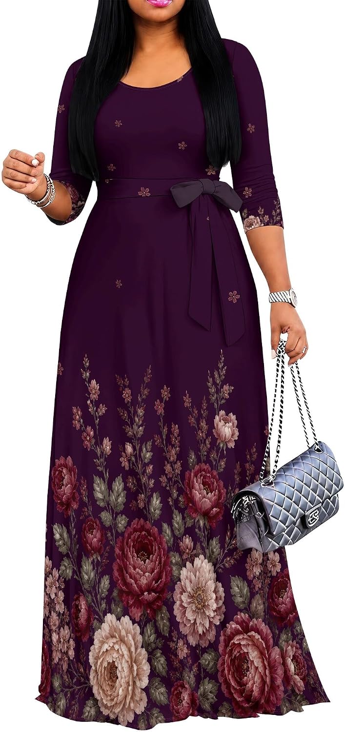 PinkPatty Women's Plus Size V Neck 3/4 Sleeve Boho Maxi Dress with Pockets