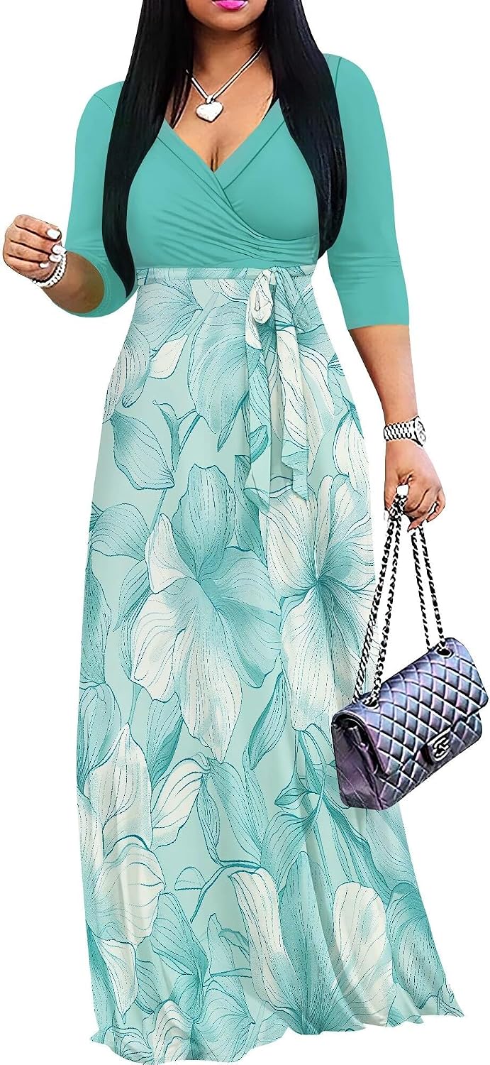 PinkPatty Women's Plus Size V Neck 3/4 Sleeve Boho Maxi Dress with Pockets