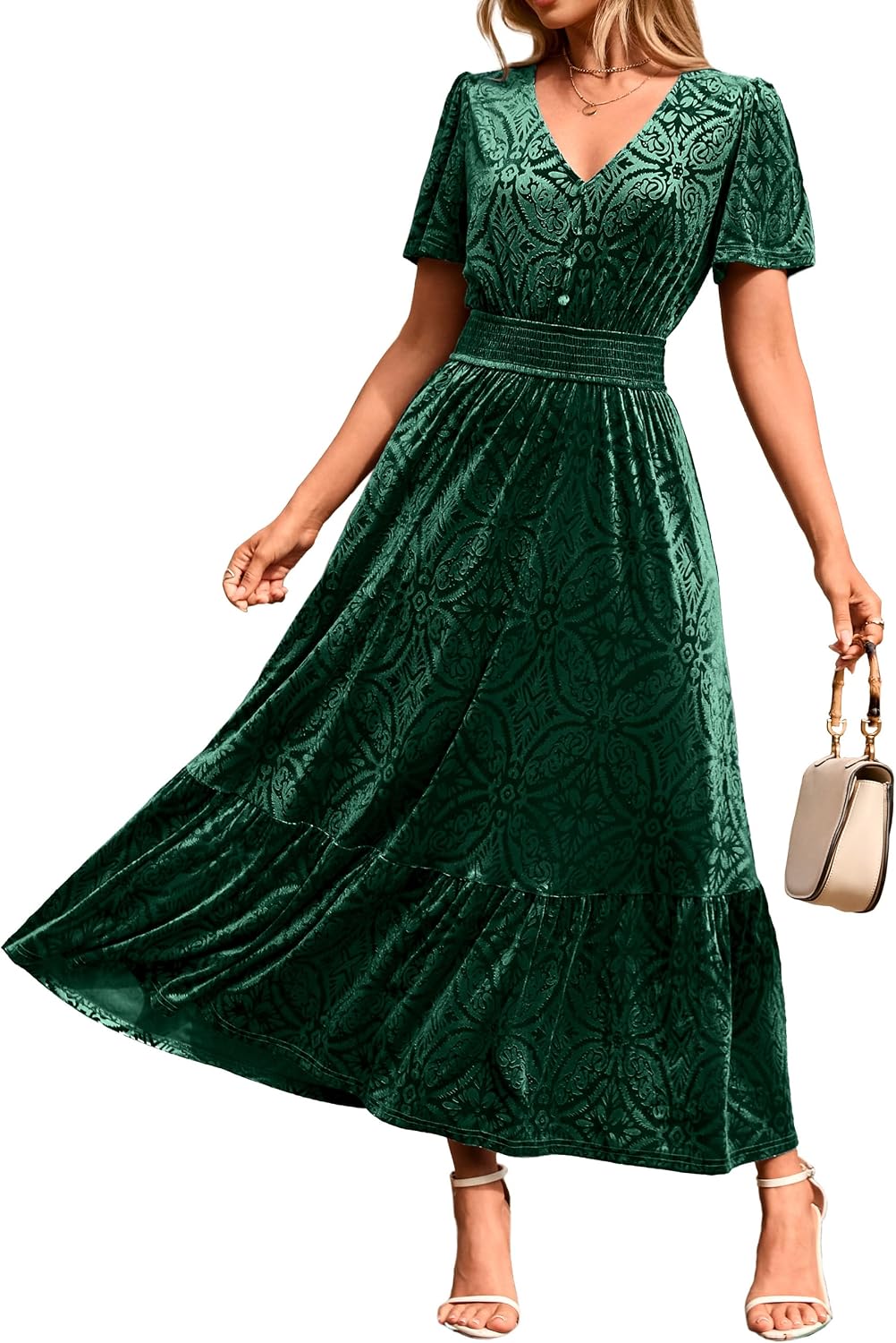 Simplee Womens Fall Velvet Dress Short Sleeve V Neck Floral Maxi Dress Long Formal Winter Wedding Guest Dresses