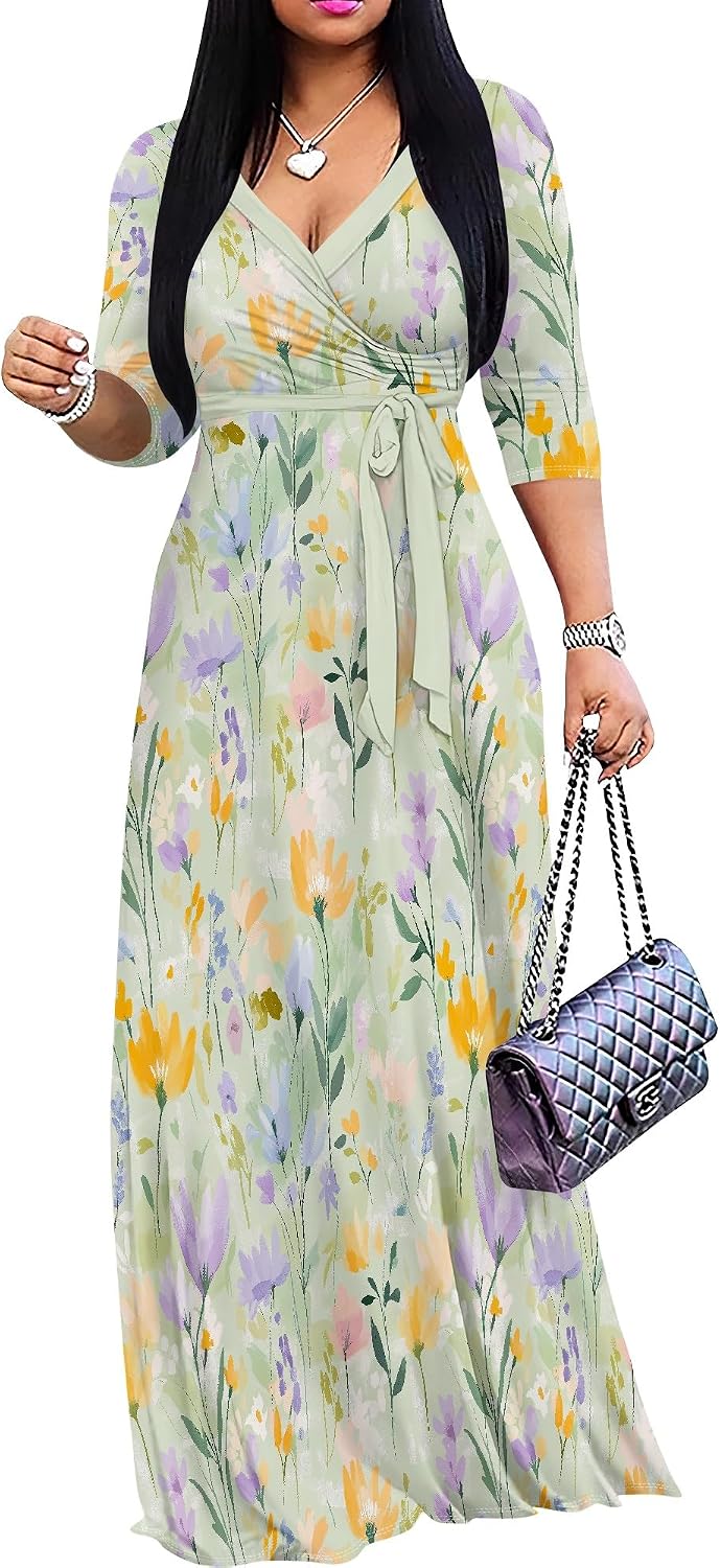 PinkPatty Women's Plus Size V Neck 3/4 Sleeve Boho Maxi Dress with Pockets