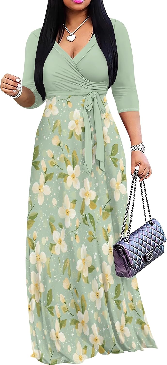 PinkPatty Women's Plus Size V Neck 3/4 Sleeve Boho Maxi Dress with Pockets