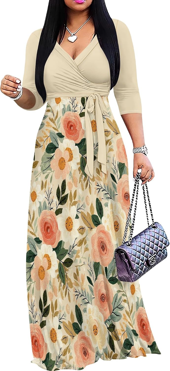 PinkPatty Women's Plus Size V Neck 3/4 Sleeve Boho Maxi Dress with Pockets