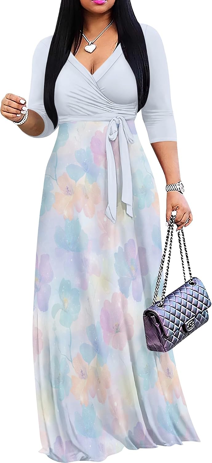 PinkPatty Women's Plus Size V Neck 3/4 Sleeve Boho Maxi Dress with Pockets