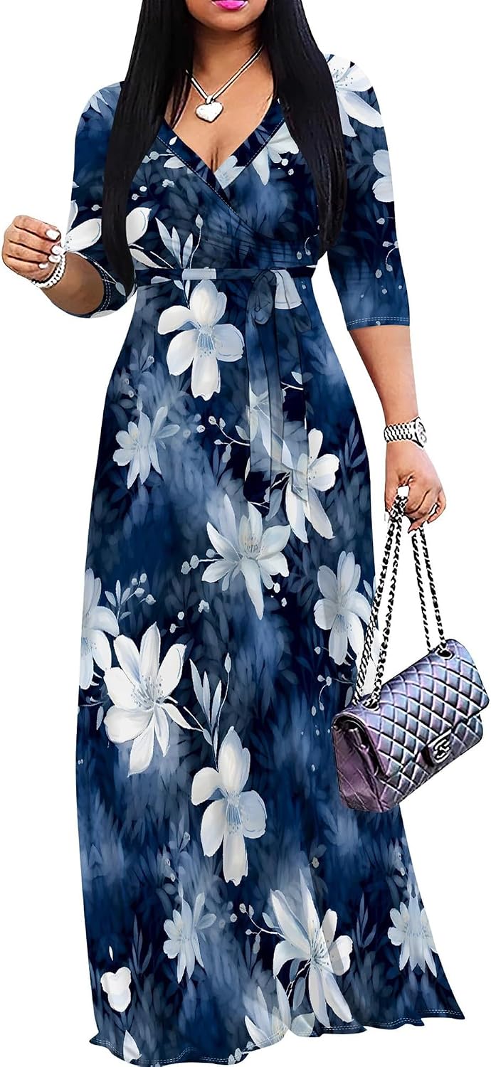 PinkPatty Women's Plus Size V Neck 3/4 Sleeve Boho Maxi Dress with Pockets