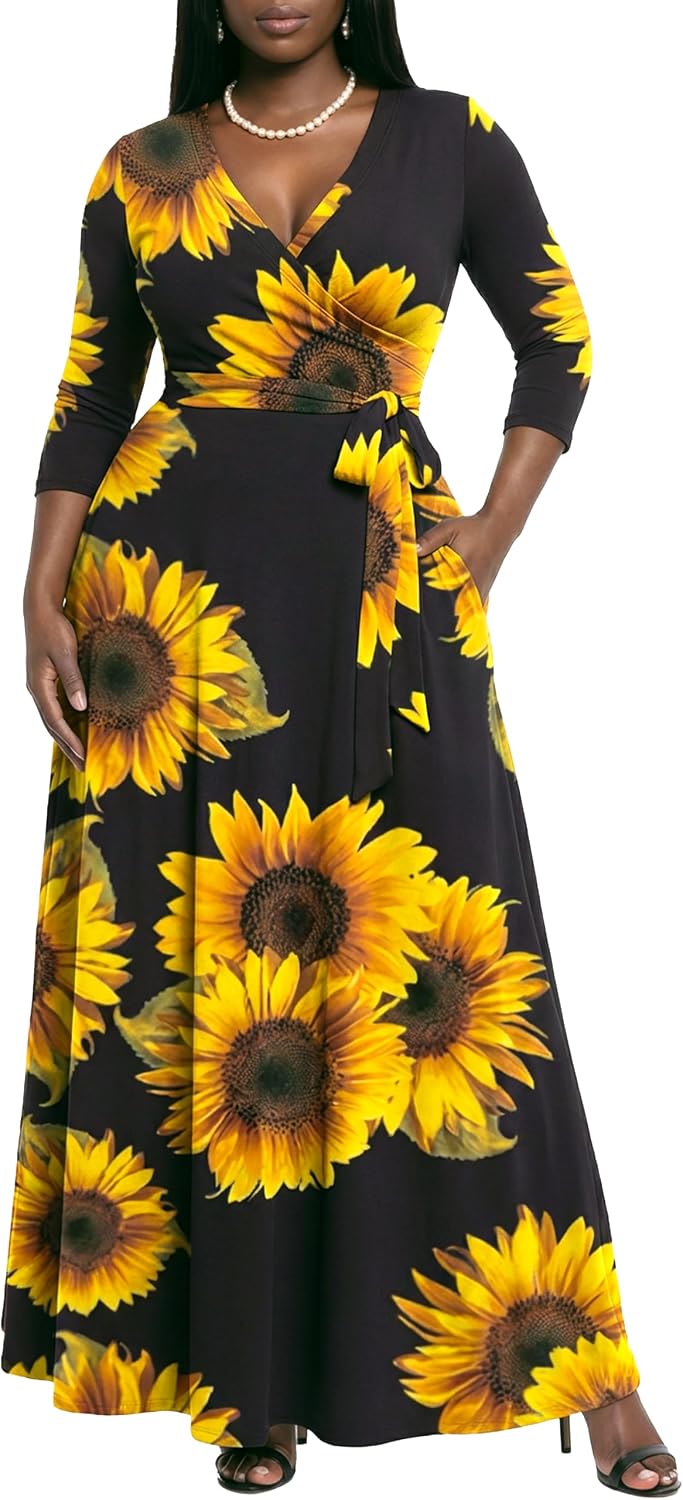 AOMONI Women's Maxi Dresses Summer Casual Wrap Tie Waist Long Dress