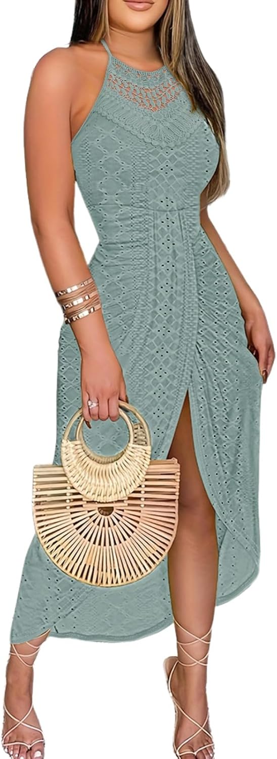 CHICME Womens Summer Halter Dress Hollow Out A Line Vacation Dress
