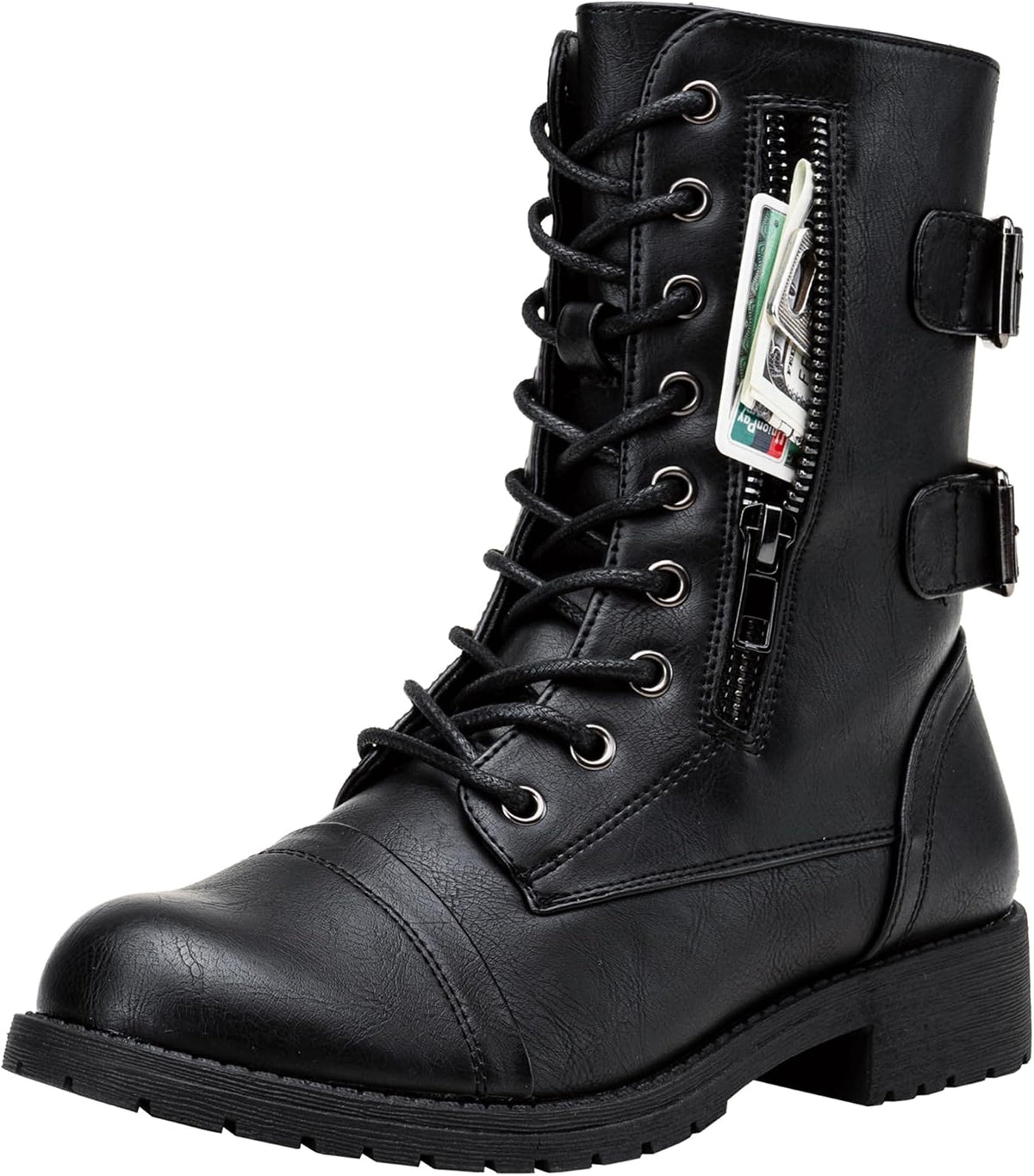 Women's Lace Up Mid Calf Combat Boots with Functional Pocket