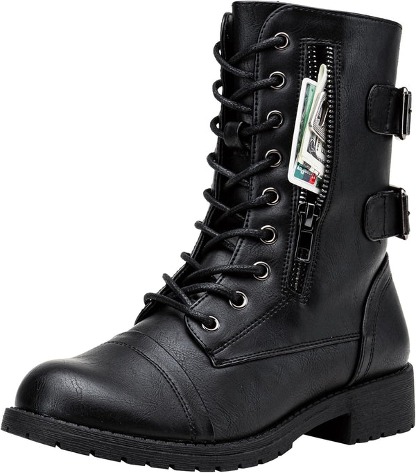 Women's Lace Up Mid Calf Combat Boots with Functional Pocket