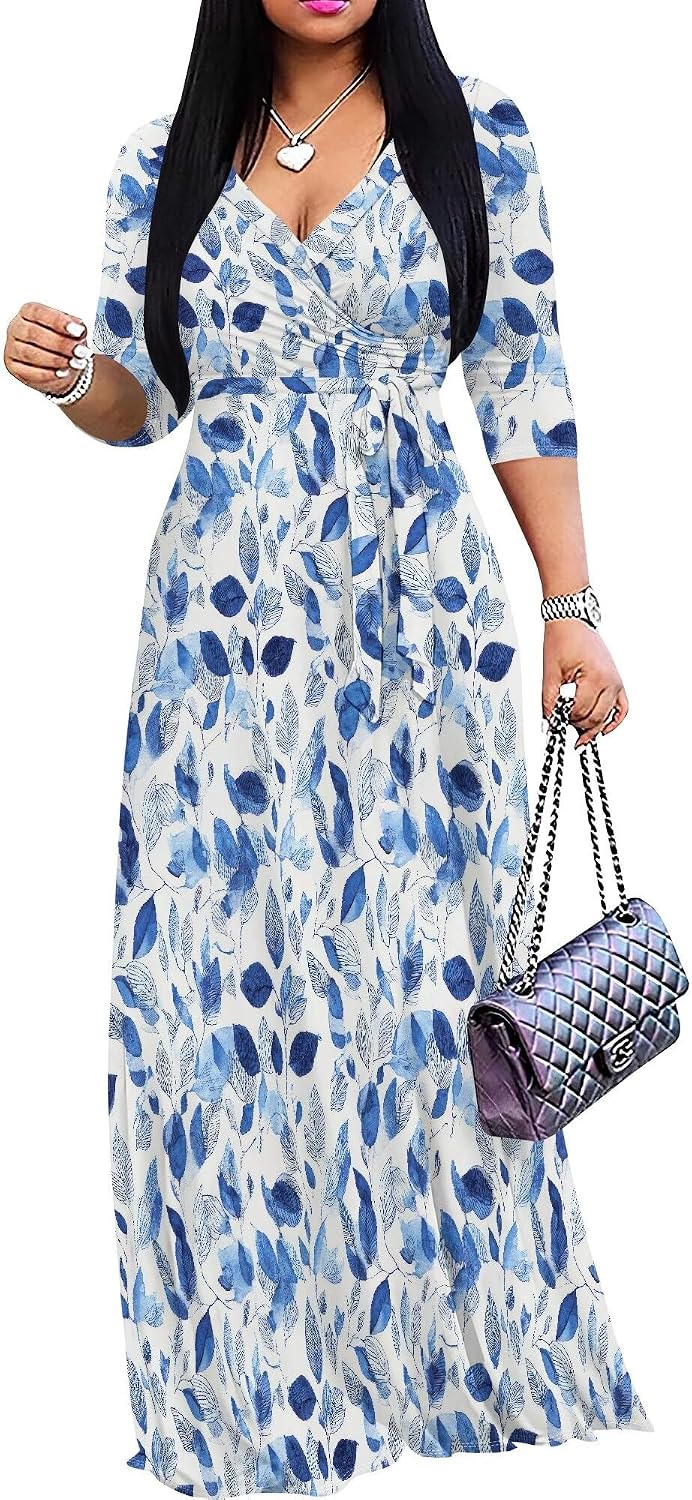 PinkPatty Women's Plus Size V Neck 3/4 Sleeve Boho Maxi Dress with Pockets