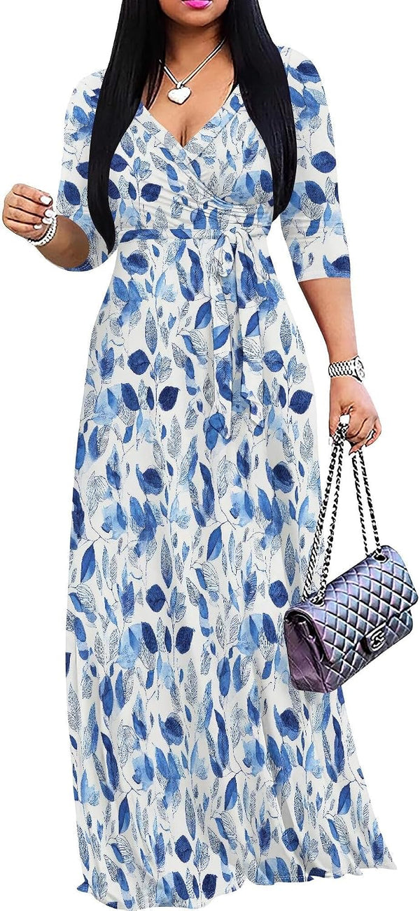 PinkPatty Women's Plus Size V Neck 3/4 Sleeve Boho Maxi Dress with Pockets