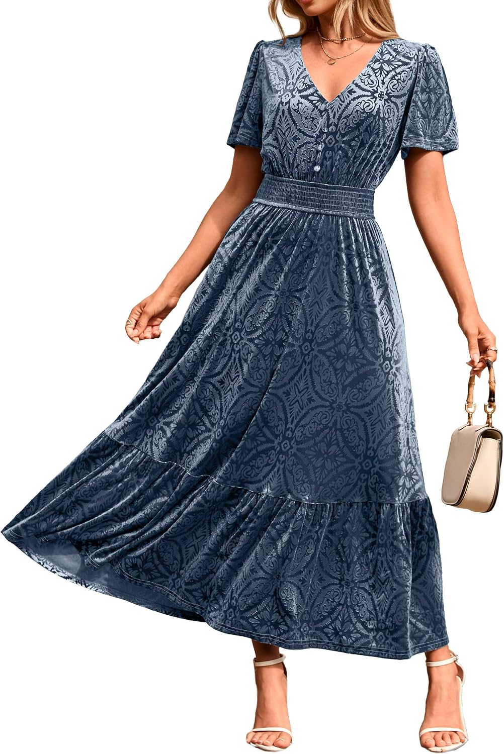 Simplee Womens Fall Velvet Dress Short Sleeve V Neck Floral Maxi Dress Long Formal Winter Wedding Guest Dresses