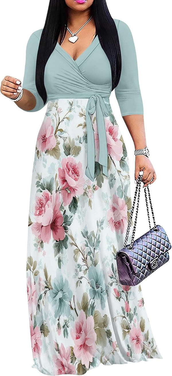 PinkPatty Women's Plus Size V Neck 3/4 Sleeve Boho Maxi Dress with Pockets