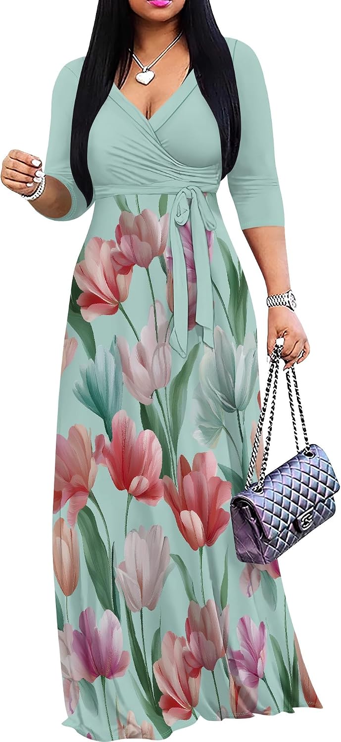 PinkPatty Women's Plus Size V Neck 3/4 Sleeve Boho Maxi Dress with Pockets