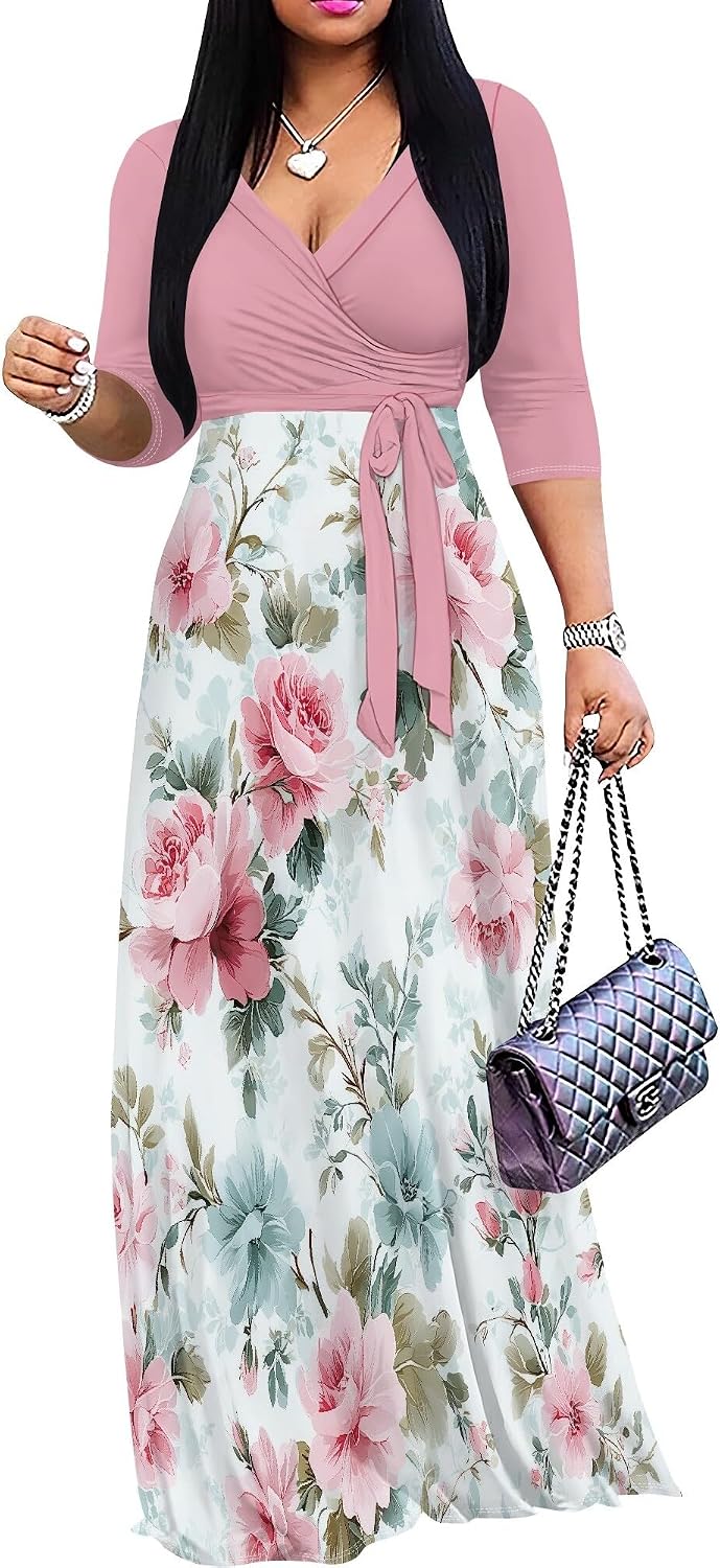 PinkPatty Women's Plus Size V Neck 3/4 Sleeve Boho Maxi Dress with Pockets