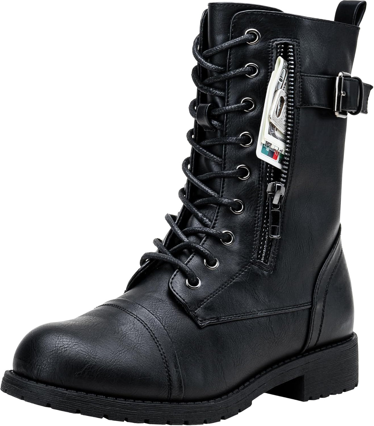 Women's Lace Up Mid Calf Combat Boots with Functional Pocket