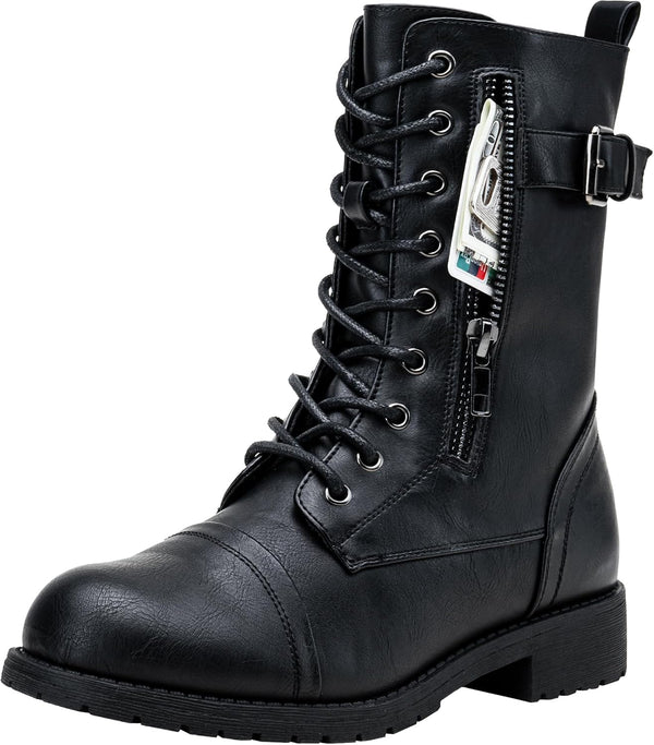 Women's Lace Up Mid Calf Combat Boots with Functional Pocket