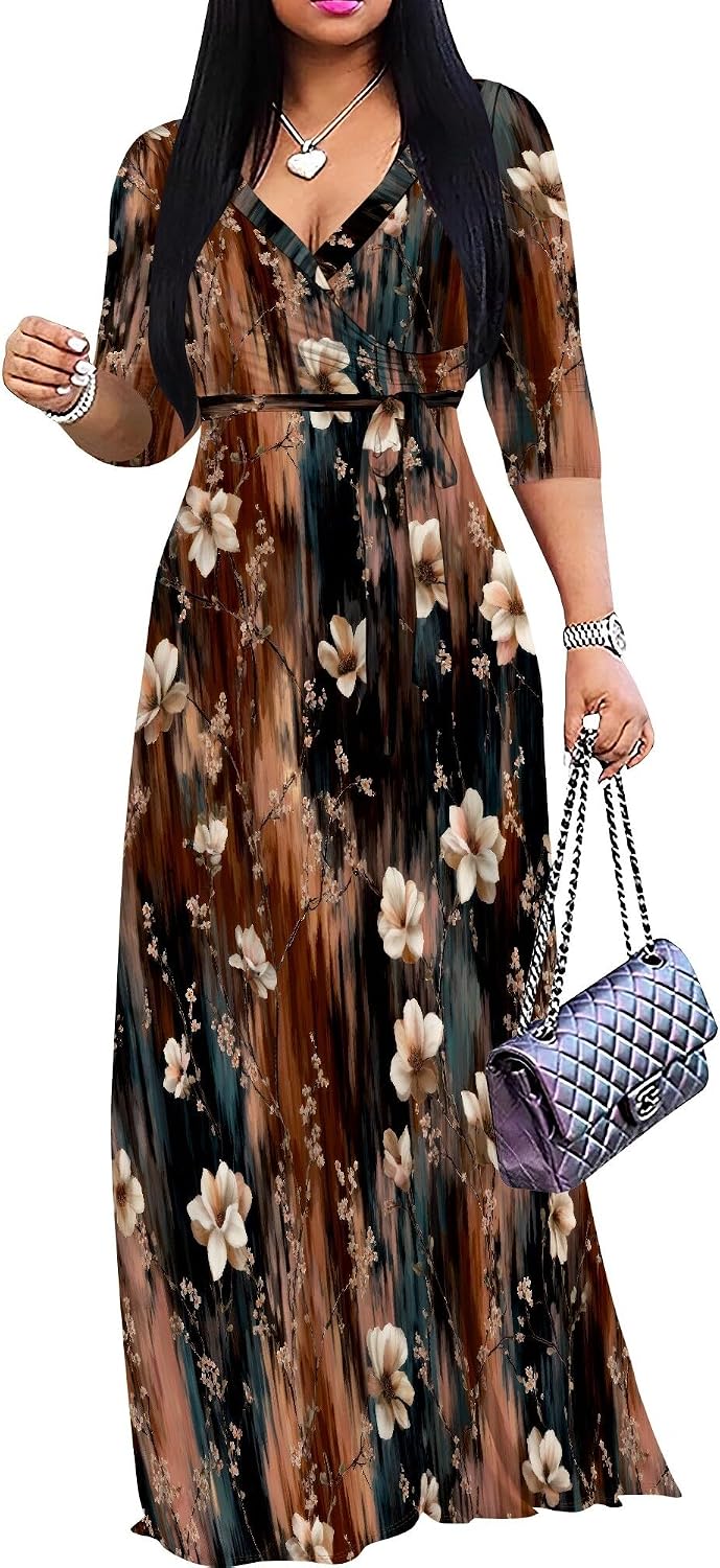 PinkPatty Women's Plus Size V Neck 3/4 Sleeve Boho Maxi Dress with Pockets