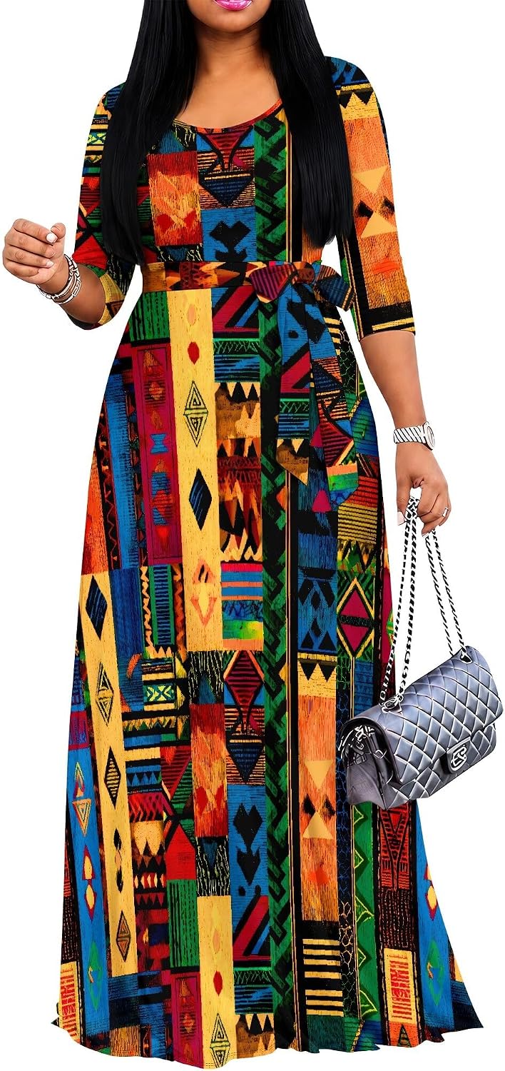 PinkPatty Women's Plus Size V Neck 3/4 Sleeve Boho Maxi Dress with Pockets