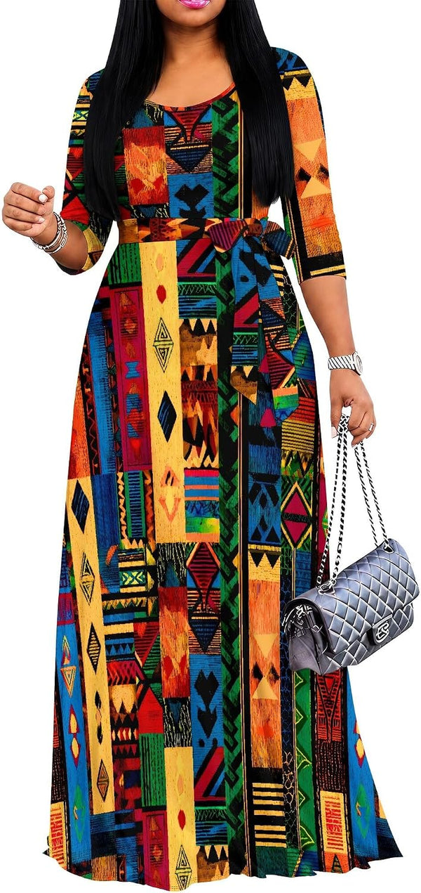 PinkPatty Women's Plus Size V Neck 3/4 Sleeve Boho Maxi Dress with Pockets