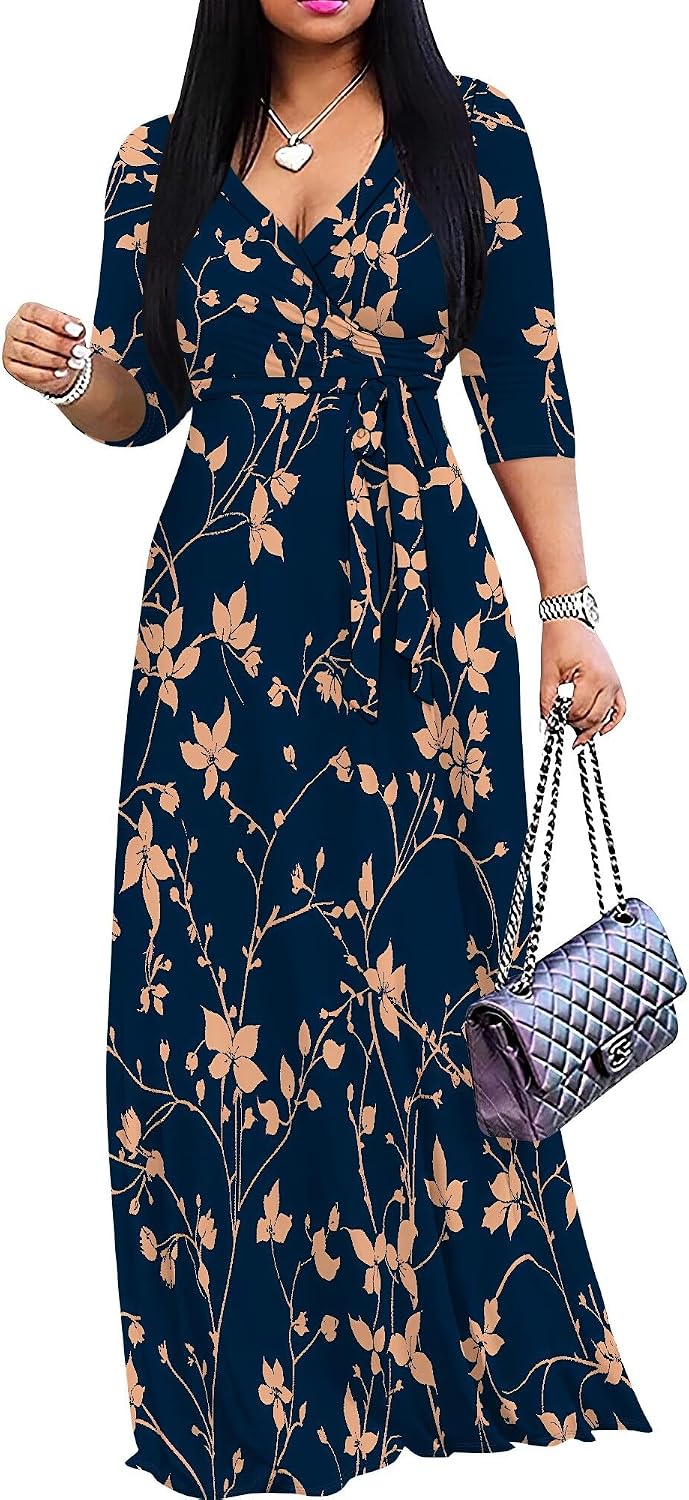 PinkPatty Women's Plus Size V Neck 3/4 Sleeve Boho Maxi Dress with Pockets