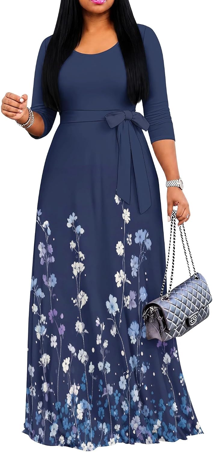 PinkPatty Women's Plus Size V Neck 3/4 Sleeve Boho Maxi Dress with Pockets