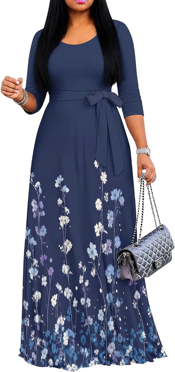PinkPatty Women's Plus Size V Neck 3/4 Sleeve Boho Maxi Dress with Pockets