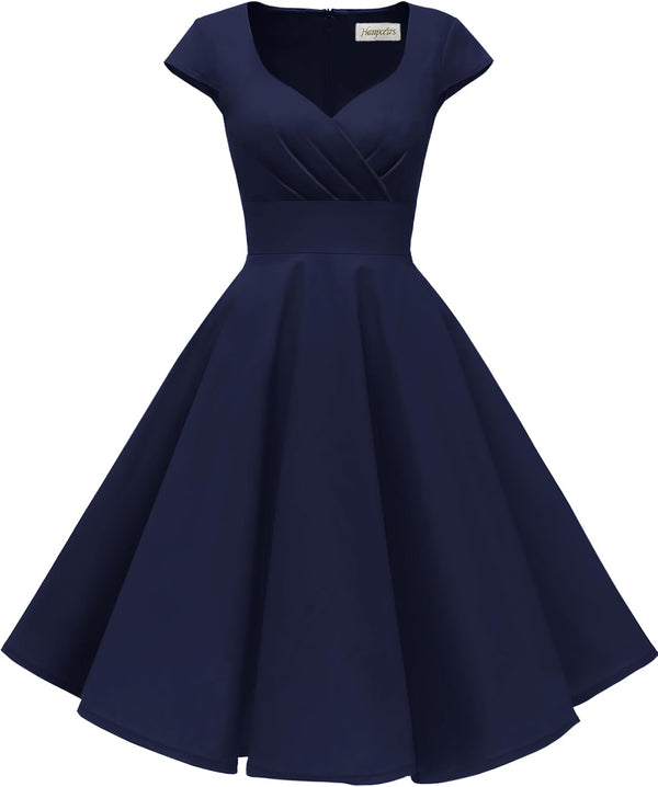 Women's Cap Sleeve 1950s Retro Vintage Cocktail Swing Dresses with Pocket