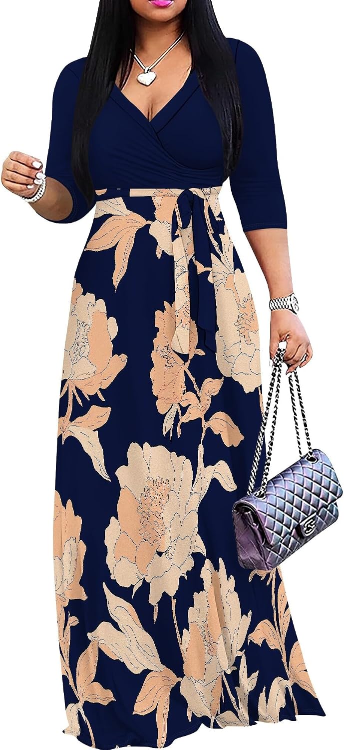 PinkPatty Women's Plus Size V Neck 3/4 Sleeve Boho Maxi Dress with Pockets