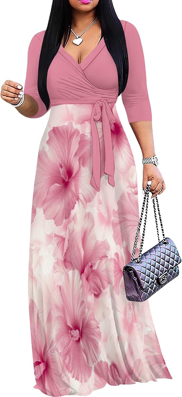 PinkPatty Women's Plus Size V Neck 3/4 Sleeve Boho Maxi Dress with Pockets