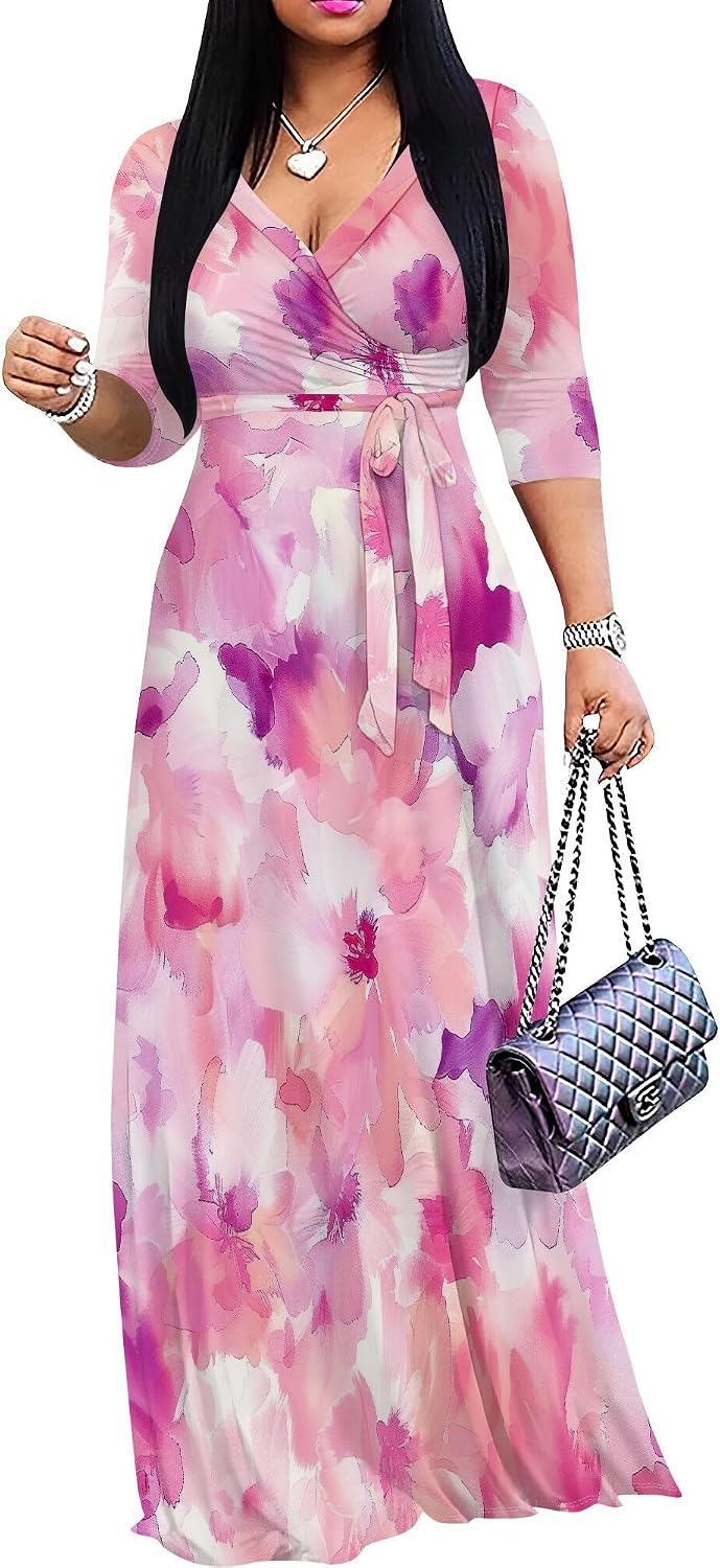 PinkPatty Women's Plus Size V Neck 3/4 Sleeve Boho Maxi Dress with Pockets
