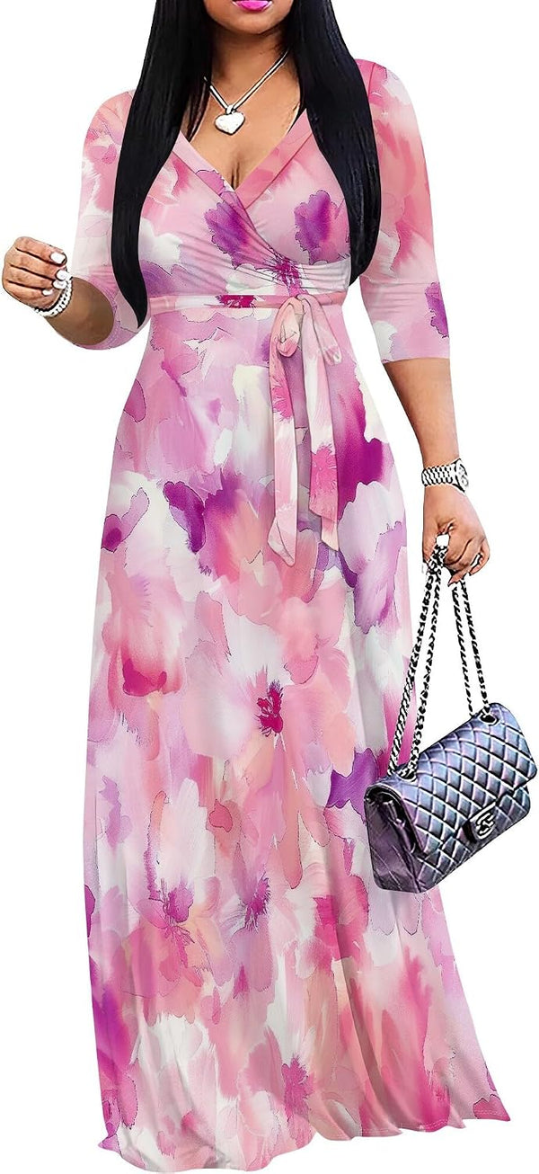 PinkPatty Women's Plus Size V Neck 3/4 Sleeve Boho Maxi Dress with Pockets