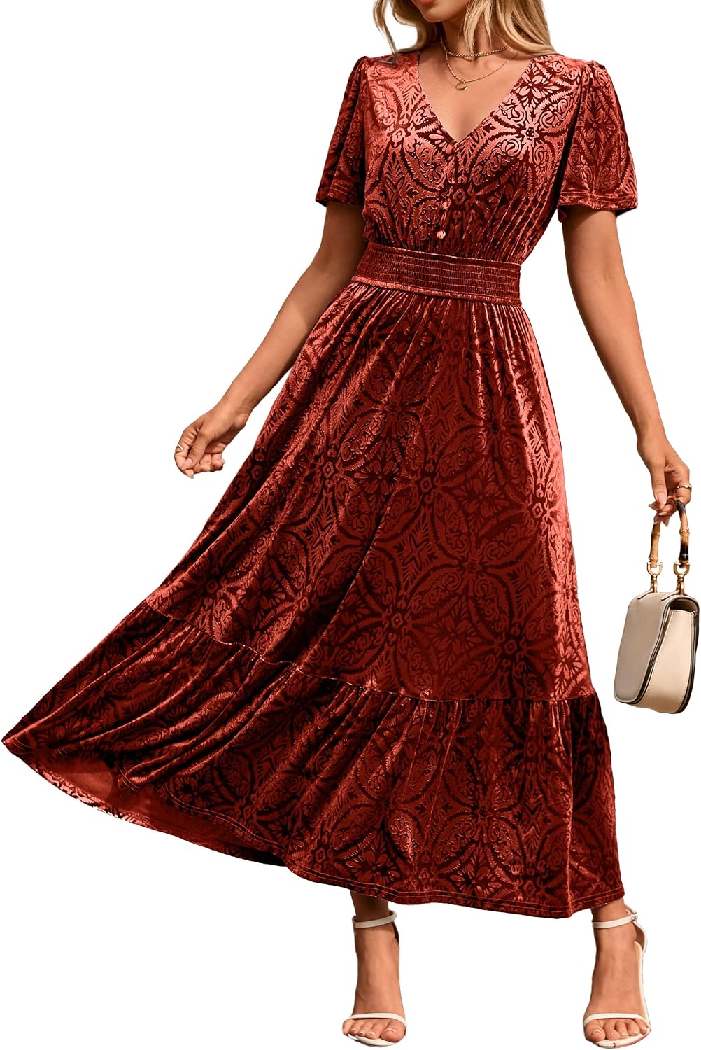 Simplee Womens Fall Velvet Dress Short Sleeve V Neck Floral Maxi Dress Long Formal Winter Wedding Guest Dresses