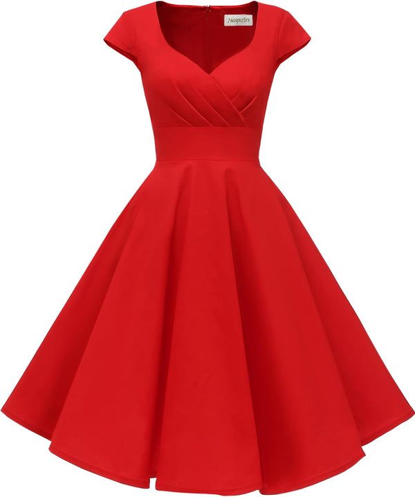 Women's Cap Sleeve 1950s Retro Vintage Cocktail Swing Dresses with Pocket